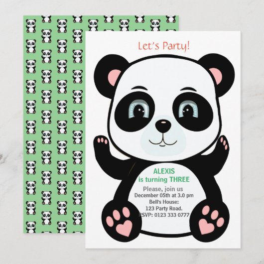 かわいいパンダの誕生日 招待状 (正面/裏面)