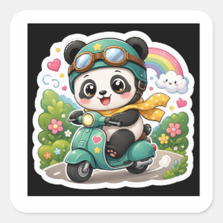 かわいいパンダの赤ちゃんが本を読むステッカー スクエアシール