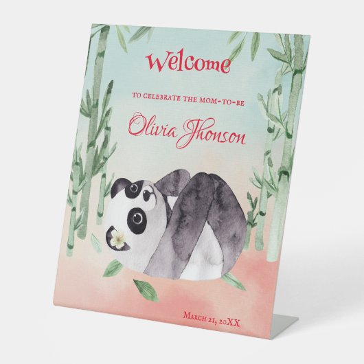 かわいいパンダの転がるジェンダーベビーシャワーの歓迎 台座サイン (正面)