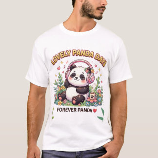 かわいいパンダの音楽と花のアート Tシャツ