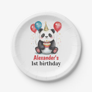 かわいいパンダの1歳の誕生日 バルーンとケーキ ペーパープレート