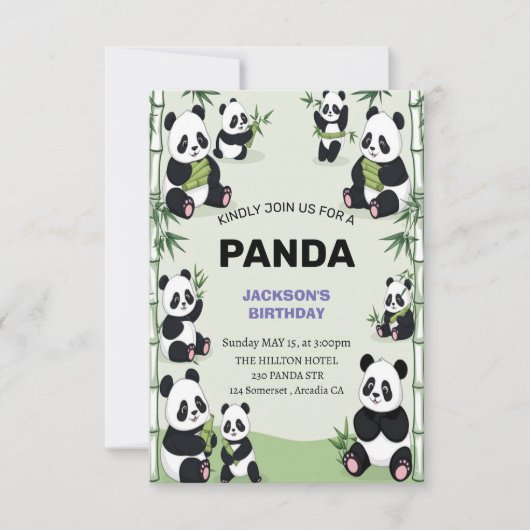 かわいいパンダよくはしゃぐの誕生日 招待状 (正面)