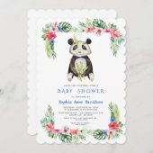 かわいいパンダクマ熱帯の花フレームベビーシャワー 招待状 (正面/裏面)