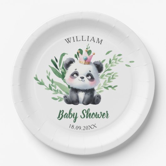 かわいいパンダクマ赤ちゃんシャワー水彩緑 ペーパープレート (正面)