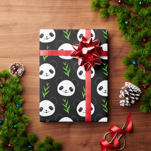 かわいいパンダパターンバンブーイン白黒グリーン ラッピングペーパー (クリスマスギフト)