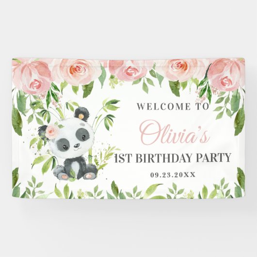 かわいいパンダピンクフローラ緑の竹背景B 横断幕 (横)