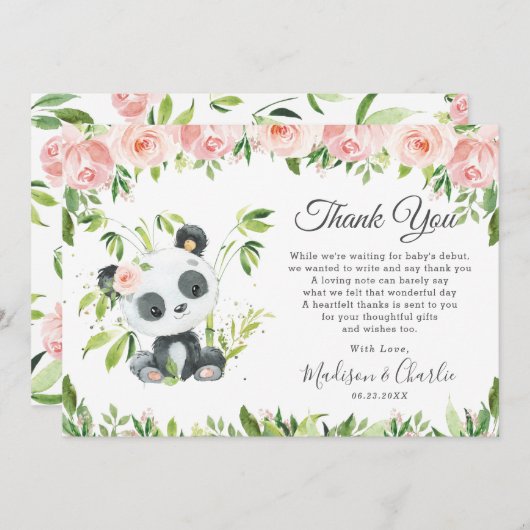 かわいいパンダピンクフローラ緑ベビーシャワーガール サンキューカード (正面/裏面)