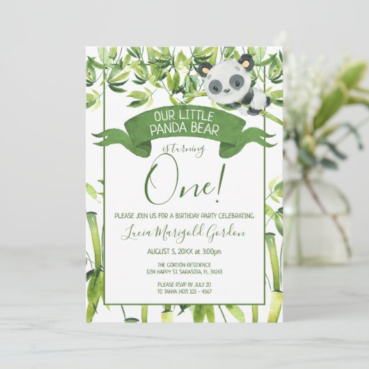 かわいいパンダベアーグリーンバンブファースト誕生日パーティー 招待状 (スタンド正面)