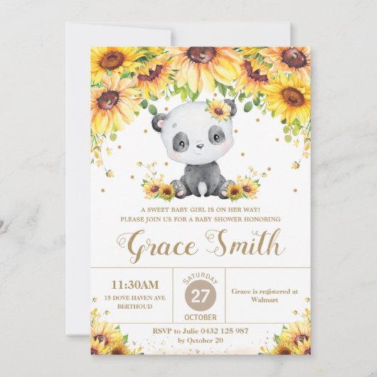 かわいいパンダベアーヒマワリフローラベビーシャワーガール 招待状 (正面)