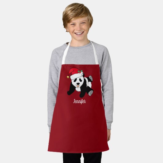 かわいいパンダ熊カスタム赤キッズクリスマス エプロン (着用した状態)
