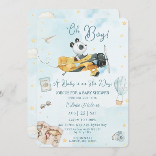 かわいいパンダ熊飛行機アドベンチャーオーボーイベビーシャワー 招待状 (正面/裏面)