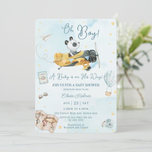 かわいいパンダ熊飛行機アドベンチャーオーボーイベビーシャワー 招待状 (スタンド正面)