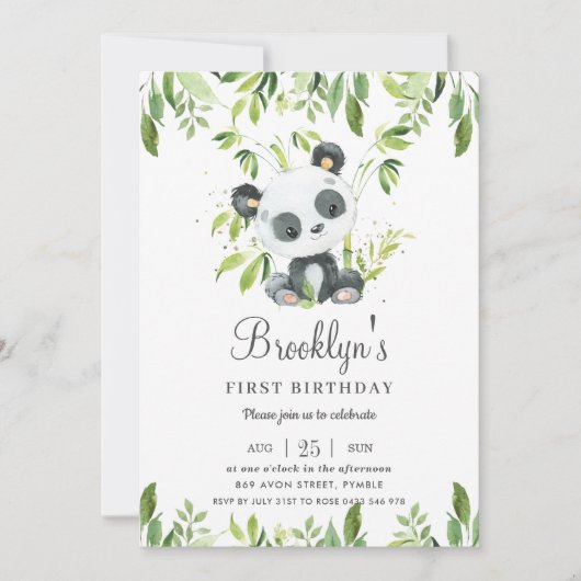 かわいいパンダ竹の緑1歳の誕生日パーティー 招待状 (正面)