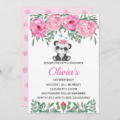 かわいいパンダ誕生日招待状ピンウォーターカラー 招待状 (正面/裏面)