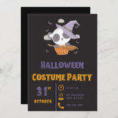 かわいいパンダ魔女の雲こうもりブラックハロウィーン 招待状 (正面/裏面)