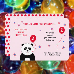 かわいいパンダ1歳の誕生日パーティーピンクサンキューカード 招待状