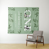 かわいいパンダ＆グリーン 1歳の誕生日写真背景 タペストリー (インサイチュ(横))