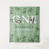 かわいいパンダ＆グリーン 1歳の誕生日写真背景 タペストリー (正面)