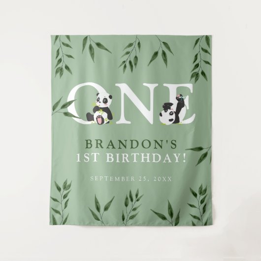 かわいいパンダ＆グリーン 1歳誕生日写真背景 タペストリー (正面)