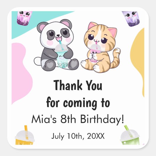 かわいいパンダ&タイガーバブルティー子供の誕生日 スクエアシール (正面)
