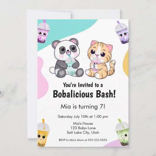かわいいパンダ&タイガーバブルティー子供の誕生日 招待状 (正面)