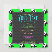 かわいいパンダ、ネオングリーン、白黒 招待状 (裏面)