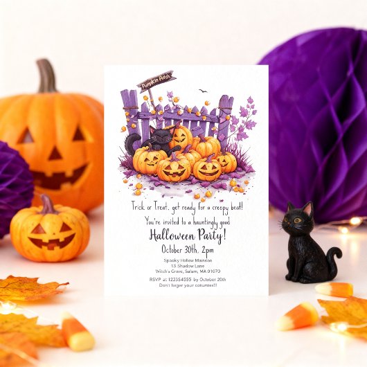 かわいいパンプキンパッチ黒猫ハロウィンパーティー 招待状