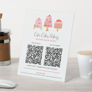 かわいいパン屋のピンクのケーキ2枚QRコードペデスタルサイン 台座サイン