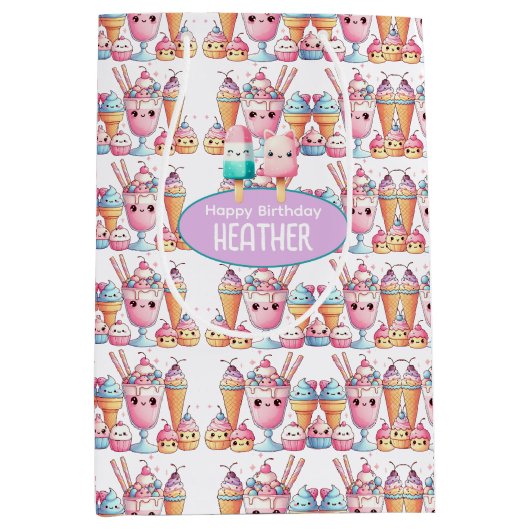 かわいいパーソナライズされたアイスポップ夏誕生日女子 ミディアムペーパーバッグ