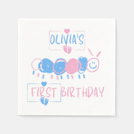 かわいいパーソナライズされたキッズドールワーム描画誕生日 スタンダードカクテルナプキン