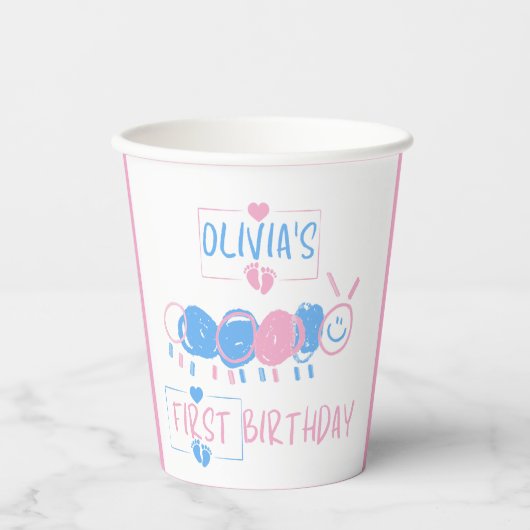 かわいいパーソナライズされたキッズドールワーム描画誕生日 紙コップ (正面)