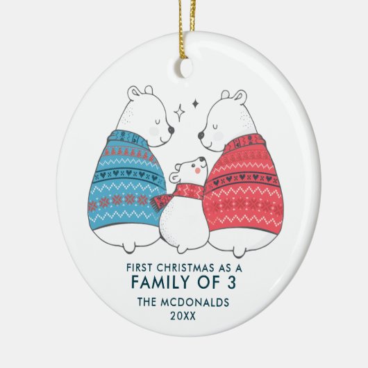 かわいいパーソナライズされたクマのクリスマス3人の家族1 セラミックオーナメント (左)
