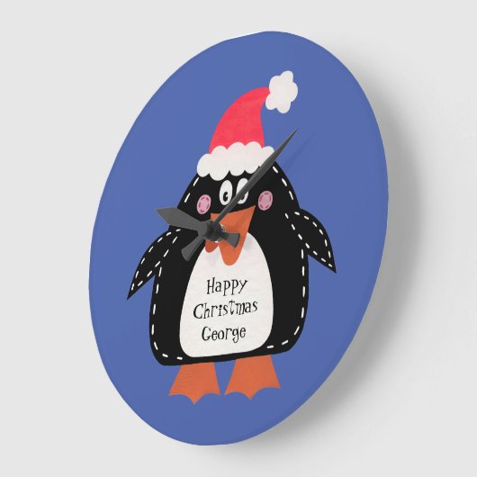 かわいいパーソナライズされたクリスマスペンギン ラージ壁時計 (傾斜)