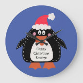 かわいいパーソナライズされたクリスマスペンギン ラージ壁時計 (正面)
