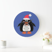 かわいいパーソナライズされたクリスマスペンギン ラージ壁時計 (ホーム)