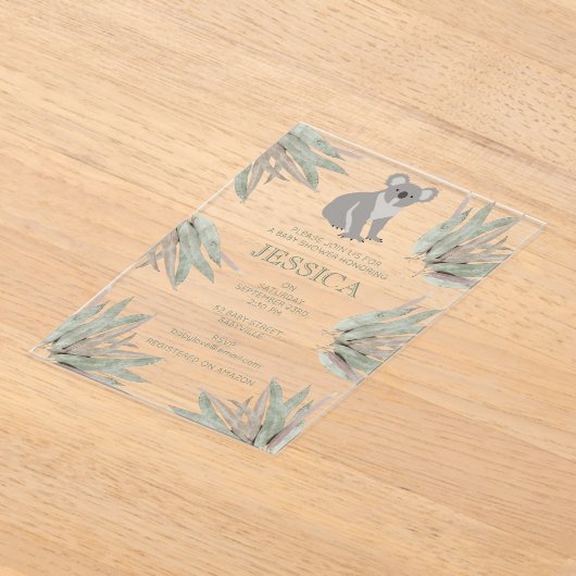 かわいいパーソナライズされたコアラeucalyptus赤ちゃんシャワー アクリル招待状 (レイダウン)