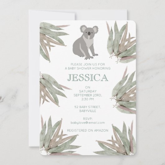 かわいいパーソナライズされたコアラeucalyptus赤ちゃんシャワー 招待状 (正面)