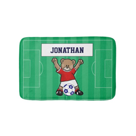 かわいいパーソナライズされたサッカーテディベア(赤) バスマット (正面)