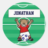 かわいいパーソナライズされたサッカーテディベア(赤) ラウンドシール (正面)