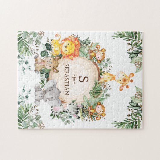 かわいいパーソナライズされたジャングルサファリ動物モノグラム ジグソーパズル (横)