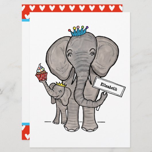 かわいいパーソナライズされたゾウ赤ちゃんシャワー招待状 (正面/裏面)