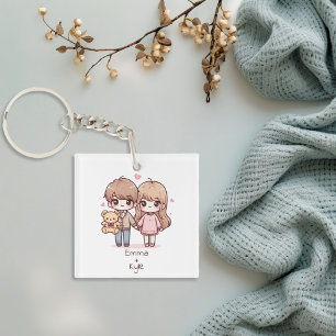 かわいいパーソナライズされたチビ(小さくかわいく書いた感じ)スタイルテディベアカップル キーホルダー