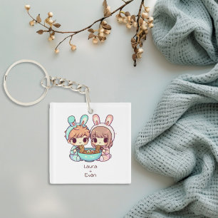 かわいいパーソナライズされたチビ(小さくかわいく書いた感じ)スタイルラーメン夫婦 キーホルダー