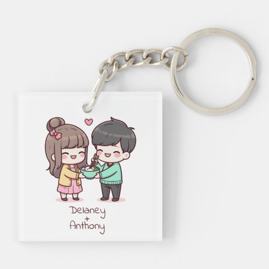 かわいいパーソナライズされたチビ(小さくかわいく書いた感じ)スタイル団子カップル キーホルダー (裏面)