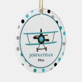 かわいいパーソナライズされたティール(緑がかった色)飛行機水玉模様 セラミックオーナメント (右)