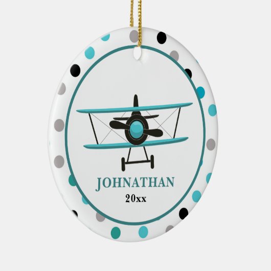 かわいいパーソナライズされたティール（緑がかった色）飛行機水玉模様 セラミックオーナメント (右)