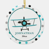 かわいいパーソナライズされたティール（緑がかった色）飛行機水玉模様 セラミックオーナメント (正面)