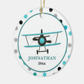 かわいいパーソナライズされたティール（緑がかった色）飛行機水玉模様 セラミックオーナメント (左)