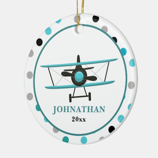 かわいいパーソナライズされたティール（緑がかった色）飛行機水玉模様 セラミックオーナメント (左)