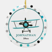 かわいいパーソナライズされたティール（緑がかった色）飛行機水玉模様 セラミックオーナメント (裏面)